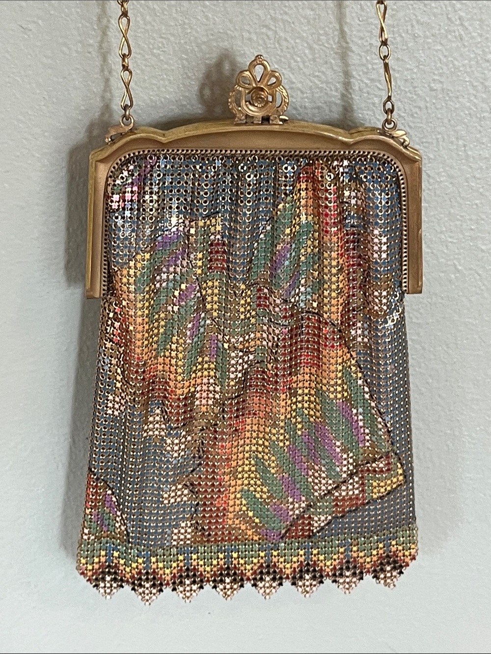 Antique 1920s colorful Whiting & Davis Metal Mesh Enamel Purse Art Deco gold bag